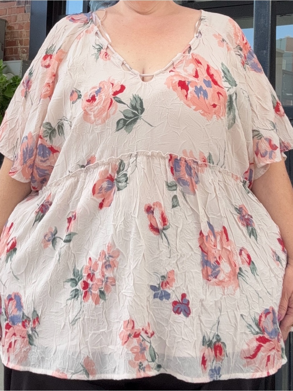 Lucky Brand Cream Floral V-Neck Flutter Sleeve Top - Pink, Green, Blue